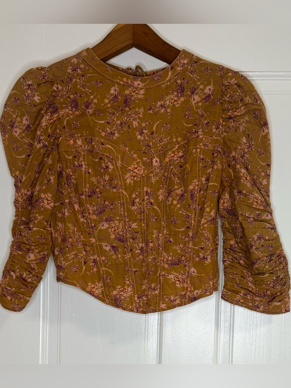 Free People Mustard Floral Puff-Sleeve Blouse